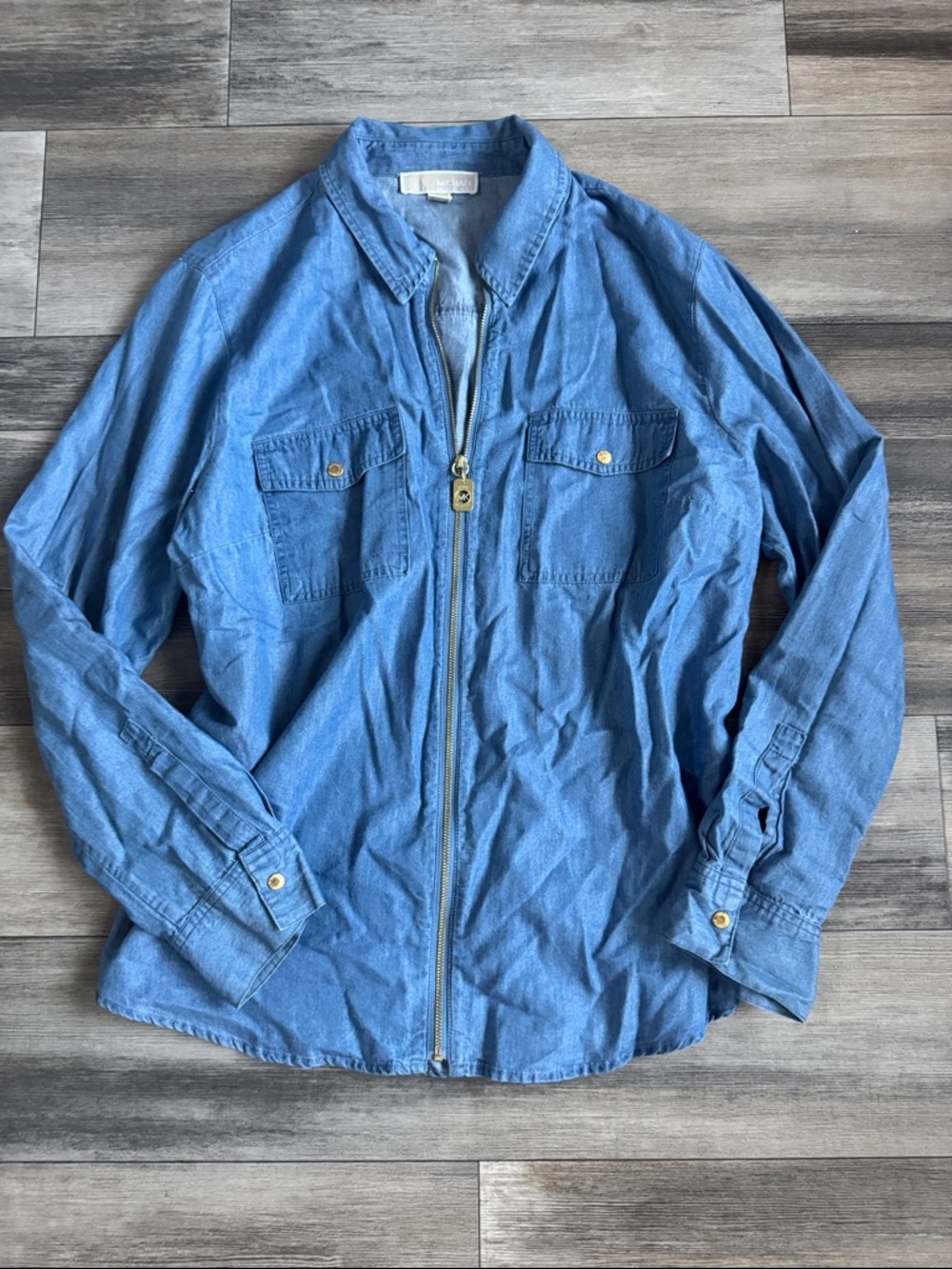 Michael Kors Light Blue Zip-Front Chambray Shirt Jacket